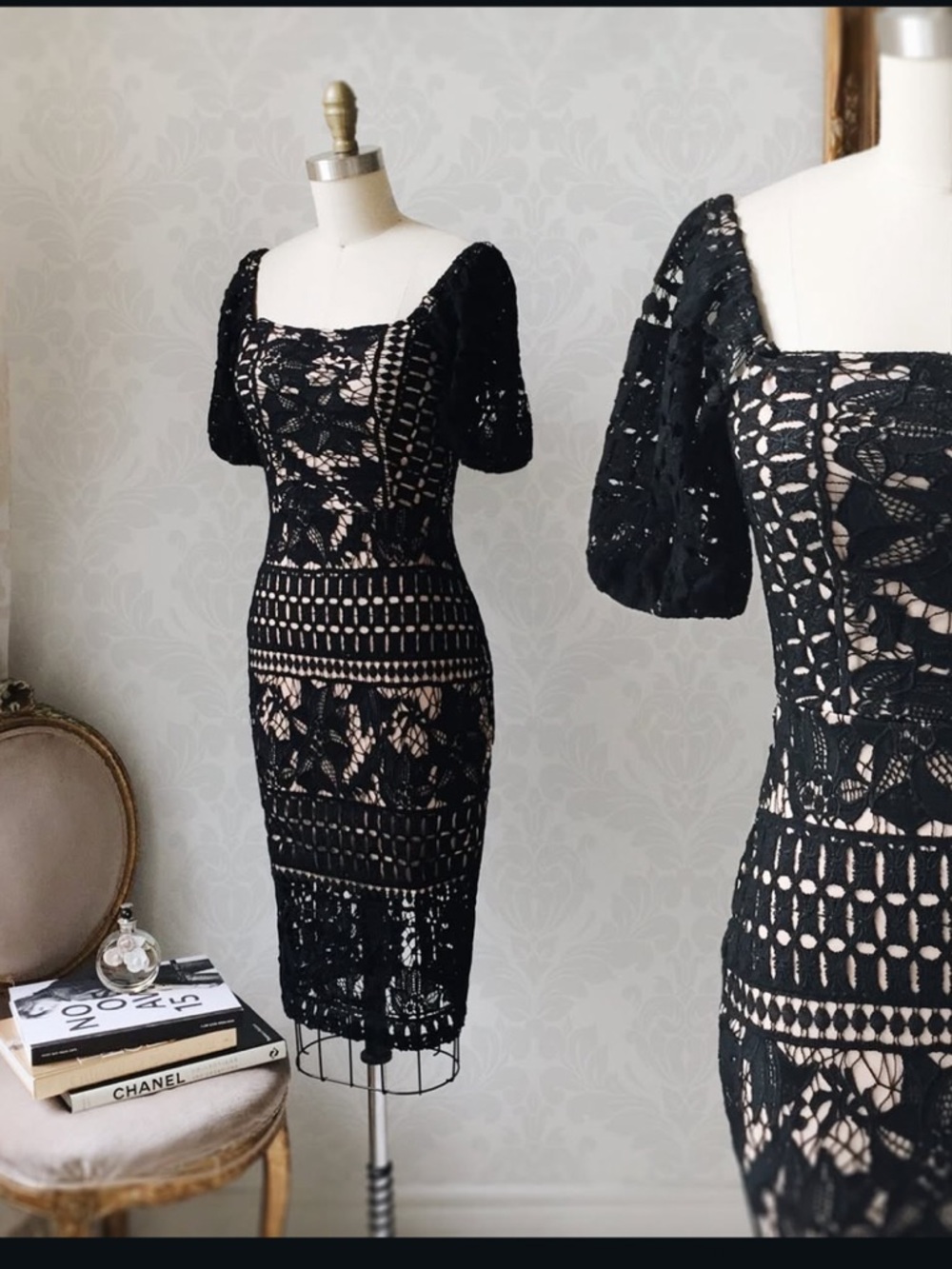 Black Lace Puff-Sleeve Sheath Dress